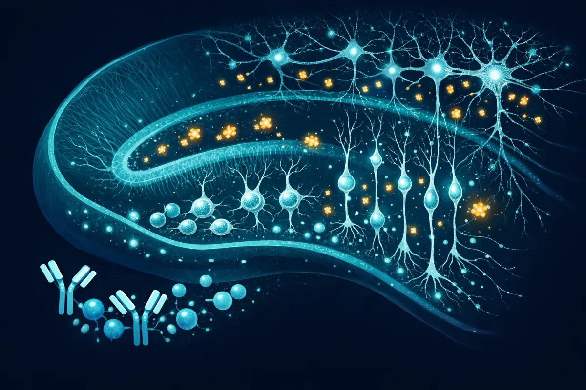Medical illustration showing P21 promoting neurogenesis in the hippocampus by neutralizing CNTF-blocking antibodies and enabling new neuron formation in the dentate gyrus