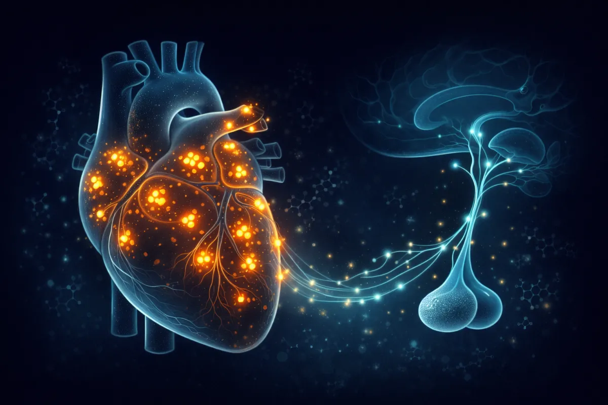 Medical illustration showing Hexarelin's dual mechanism of action, depicting CD36 receptor activation in cardiac tissue alongside pituitary gland stimulation for growth hormone release, rendered in modern scientific visualization style