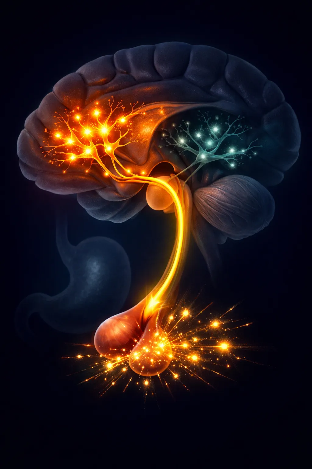 Medical illustration showing GHRP-6's dual mechanism of action through ghrelin receptor activation, depicting hypothalamic appetite pathway stimulation alongside pituitary growth hormone release in scientific visualization style