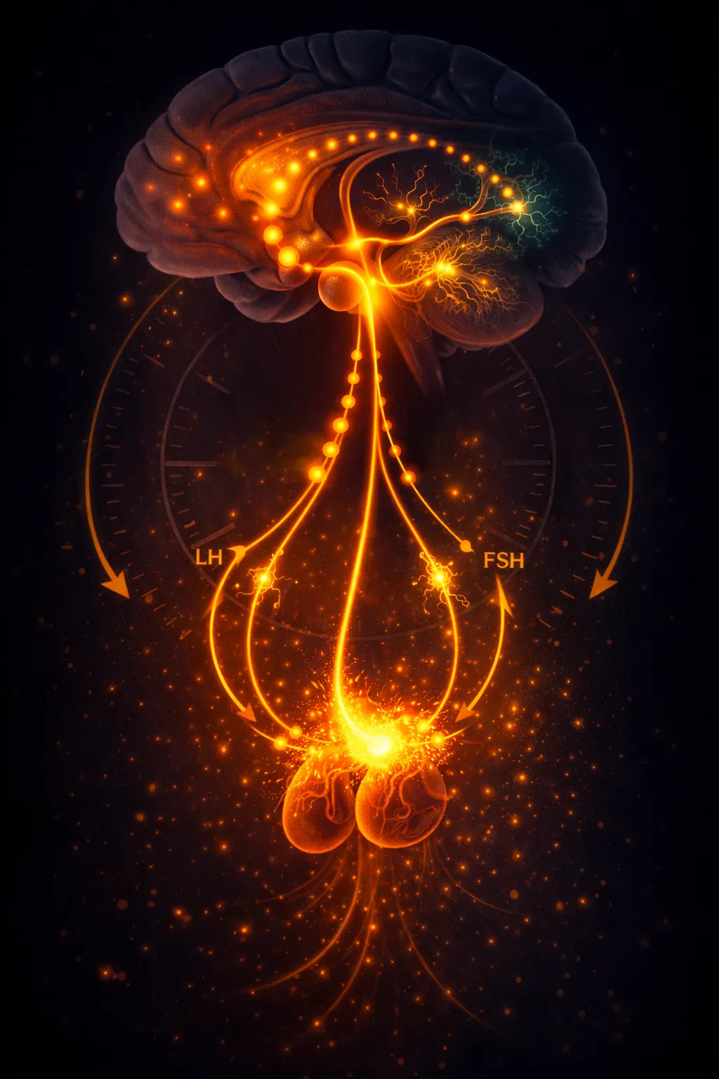  Medical illustration showing gonadorelin's mechanism of action through the hypothalamic-pituitary-gonadal axis, depicting pulsatile GnRH release stimulating LH and FSH production leading to testicular testosterone synthesis