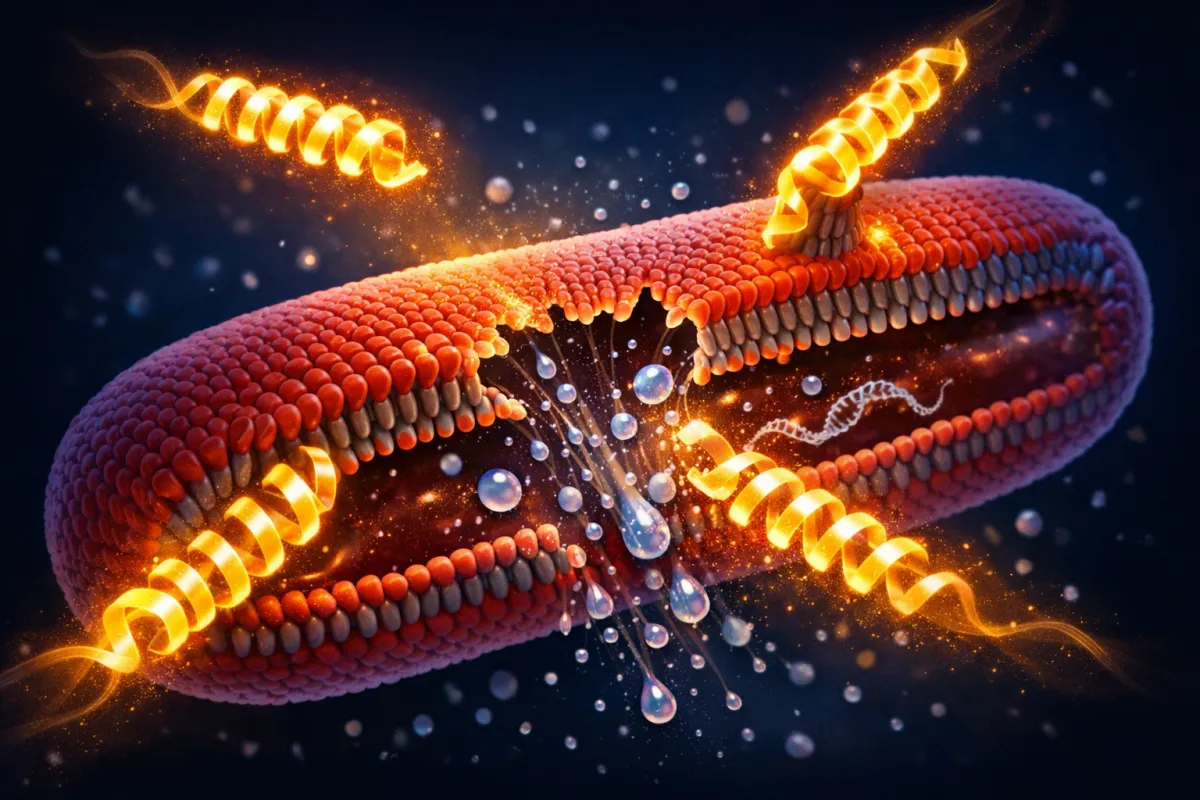 Medical illustration showing LL-37 cathelicidin antimicrobial peptide disrupting bacterial cell membrane through pore formation and membrane destabilization