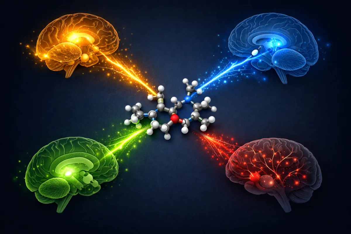 Scientific illustration of tesofensine's triple reuptake inhibition mechanism showing simultaneous modulation of serotonin, dopamine, and norepinephrine pathways with suppressed lateral hypothalamic hunger signaling