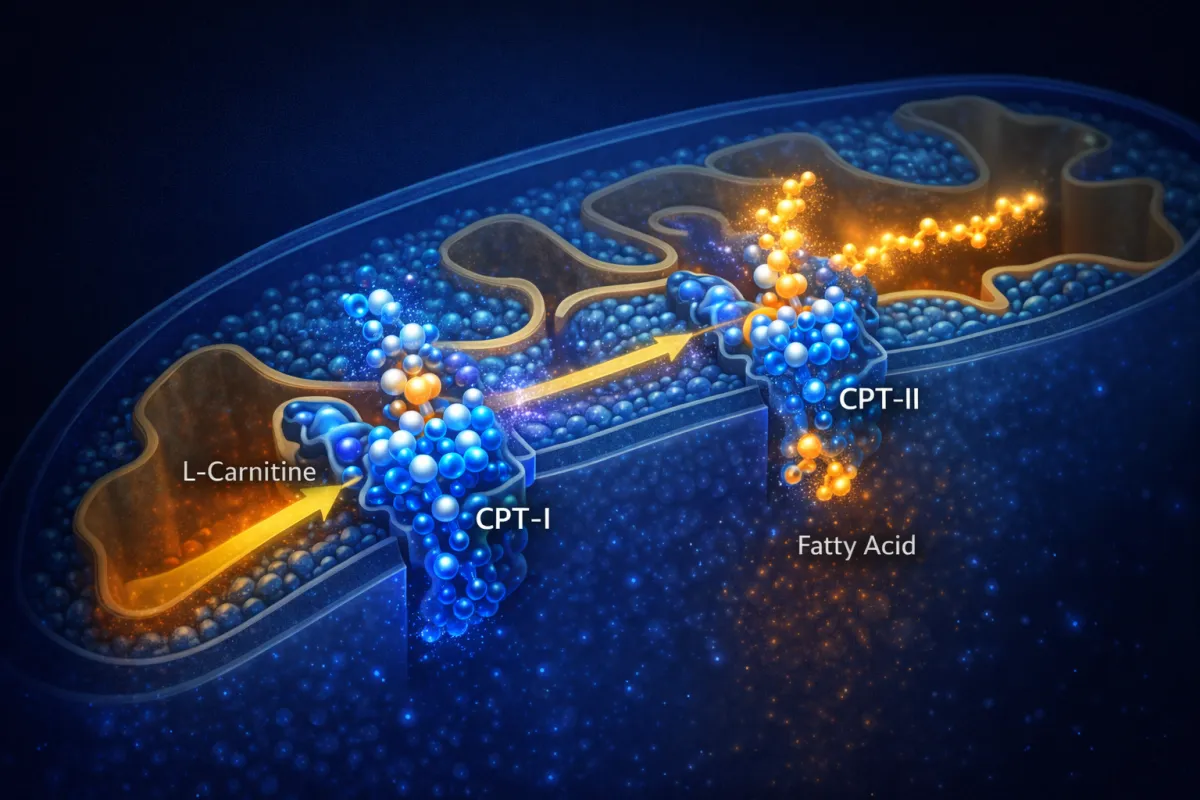 Medical illustration of the L-Carnitine shuttle system showing fatty acid transport across the inner mitochondrial membrane via CPT-I and CPT-II enzyme complexes