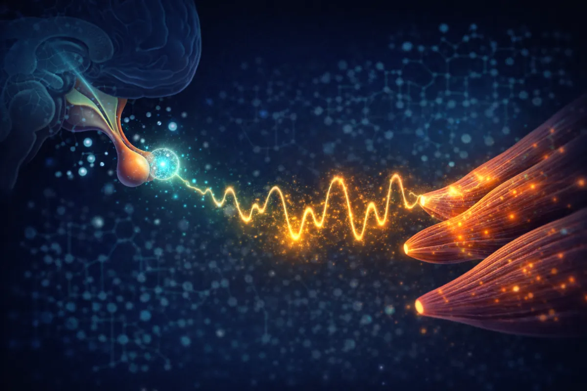 Medical illustration showing Sermorelin stimulating the pituitary gland to release growth hormone in pulsatile waves, with signal pathways reaching skeletal muscle tissue, representing the GHRH mechanism of action for natural GH optimization.