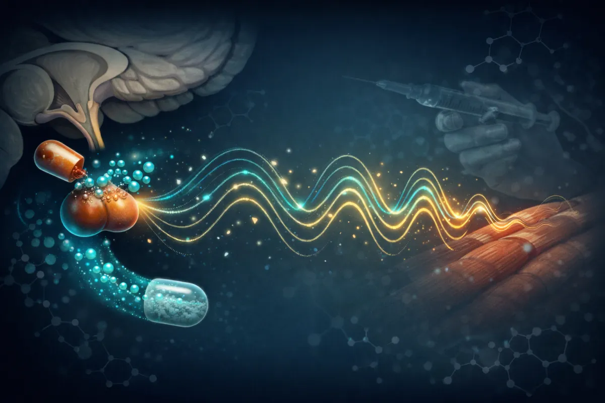 Medical illustration depicting MK-677 oral capsule absorption pathway to the brain's ghrelin receptors on the pituitary gland, triggering pulsatile growth hormone release, representing the unique oral growth hormone secretagogue mechanism of action.