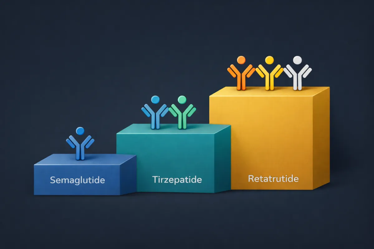 Illustration showing the evolution of GLP-1 medications from single-target semaglutide to dual-target tirzepatide to triple-target retatrutide, represented as ascending tiers.