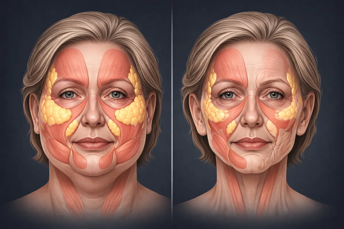 Medical illustration comparing healthy facial structure with full volume versus hollowed appearance after rapid muscle and fat loss, demonstrating the anatomical changes associated with Ozempic face.