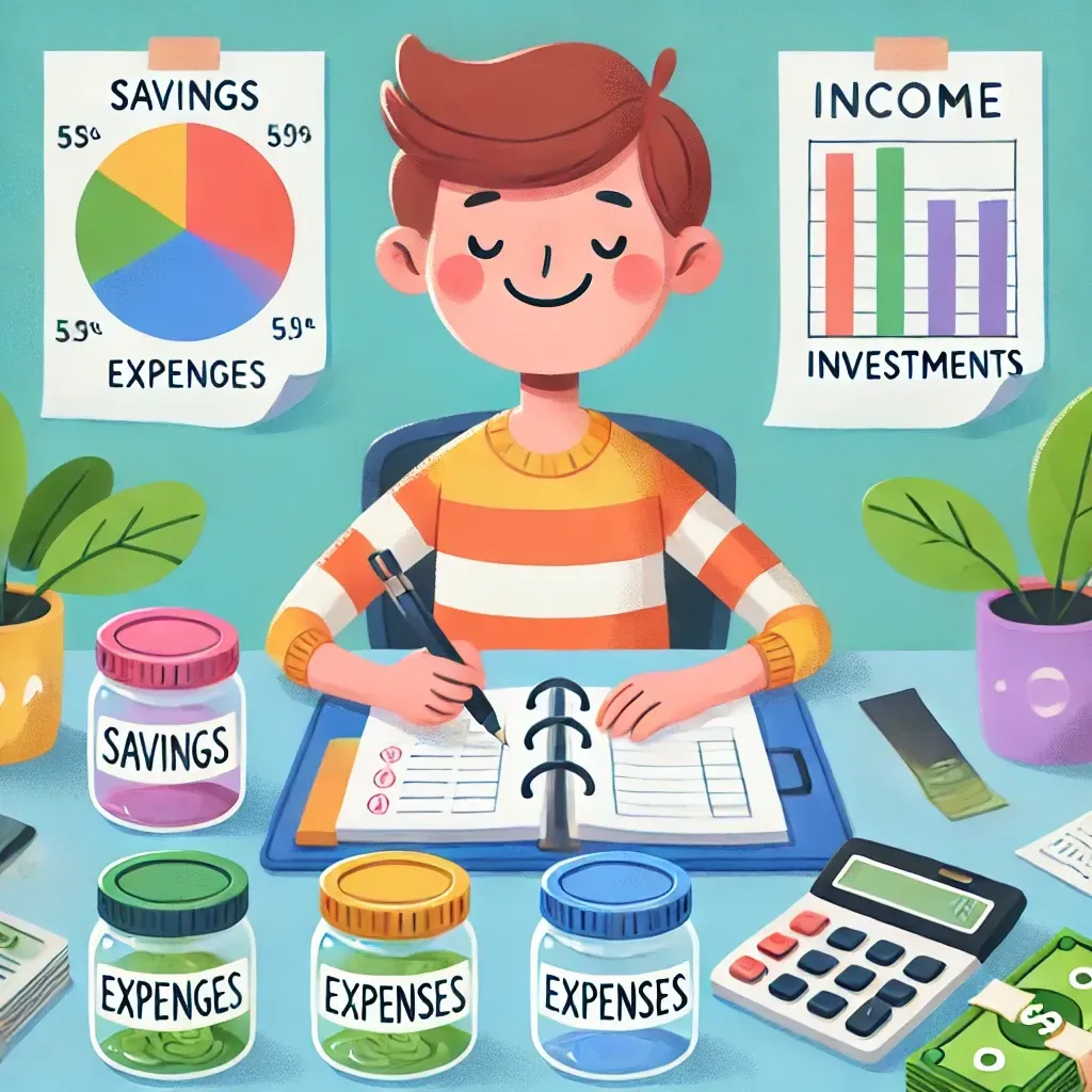 Ilustración en caricatura de una persona organizando sus ingresos en un escritorio con un cuaderno, una calculadora y frascos etiquetados como 'Ahorros', 'Gastos' e 'Inversiones'. En el fondo, un gráfico de pastel representa las diferentes categorías de ingresos. El personaje luce feliz y seguro, simbolizando una buena gestión financiera