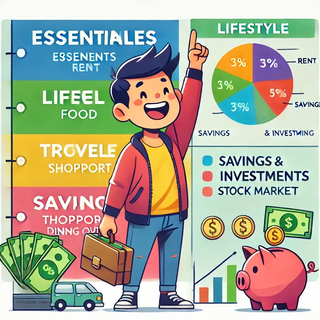 lustración en caricatura de una persona administrando su dinero según su estilo de vida. La imagen muestra al personaje dividiendo su ingreso en tres categorías: 'Necesidades' (alquiler, comida y transporte), 'Estilo de Vida' (viajes, compras y restaurantes) y 'Ahorros e Inversiones' (alcancía y mercado de valores). En el fondo, hay un tablero de planificación financiera con un gráfico circular representando la distribución del dinero. El personaje luce confiado y en control de sus finanzas