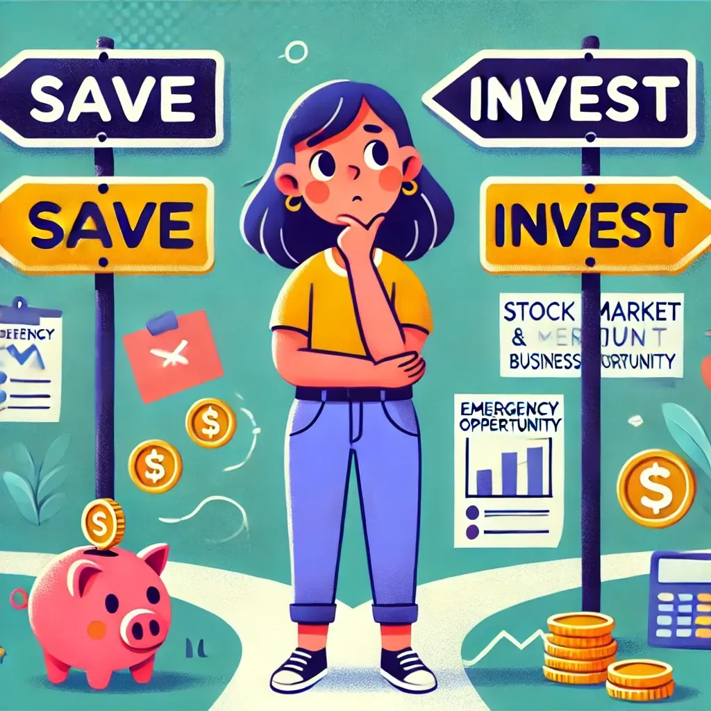 lustración en caricatura de una persona frente a una difícil decisión financiera. El personaje está parado entre dos caminos: uno con un letrero de 'Ahorro' que muestra una alcancía y un fondo de emergencia, y otro con un letrero de 'Inversión' que tiene gráficos de la bolsa y oportunidades de negocio. La persona luce pensativa, evaluando sus opciones. En el fondo, hay símbolos financieros como monedas, una calculadora y una lista de toma de decisiones