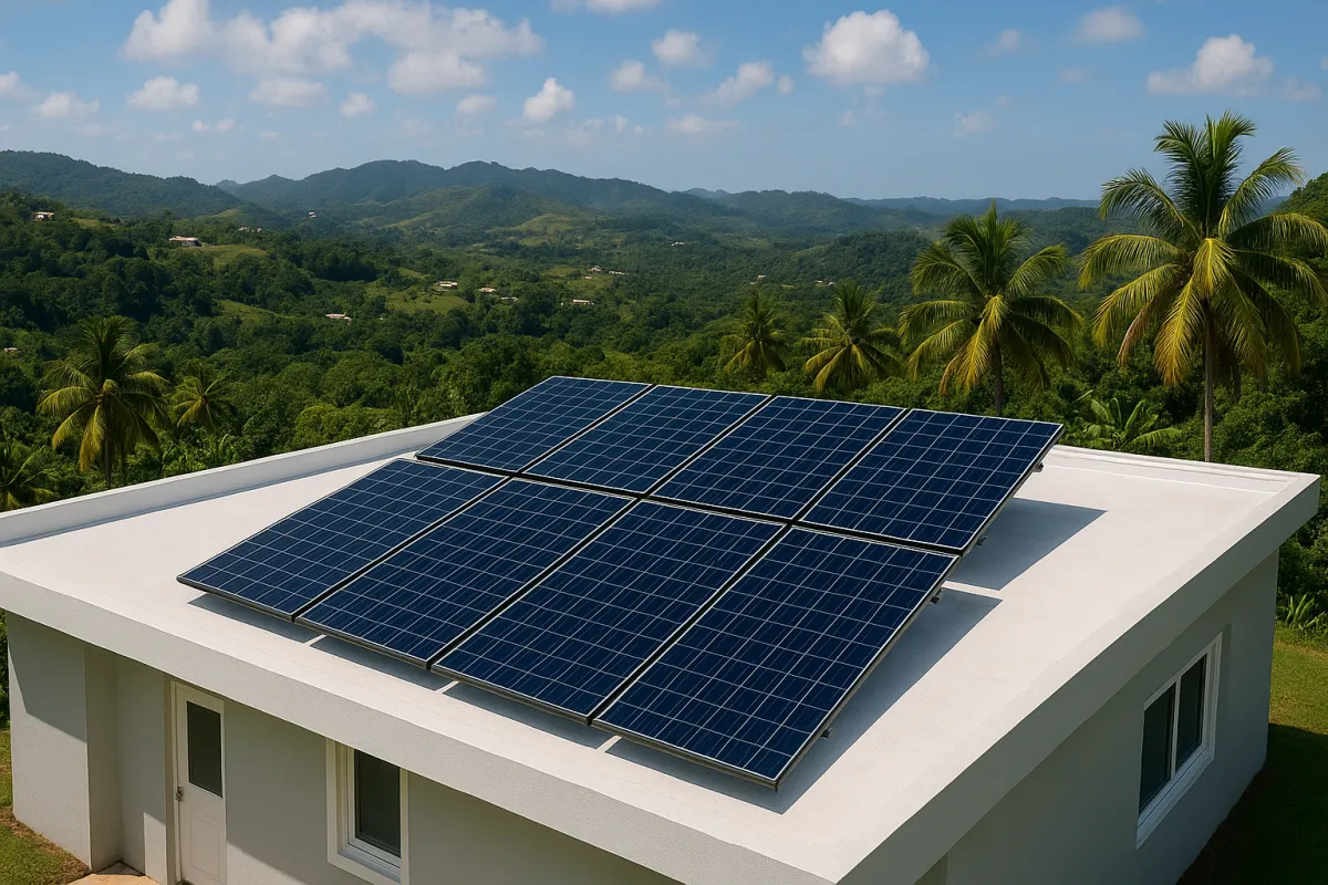 Modern white house in Puerto Rico with rooftop solar panel installation, surrounded by lush tropical trees and green mountains under a sunny blue sky.