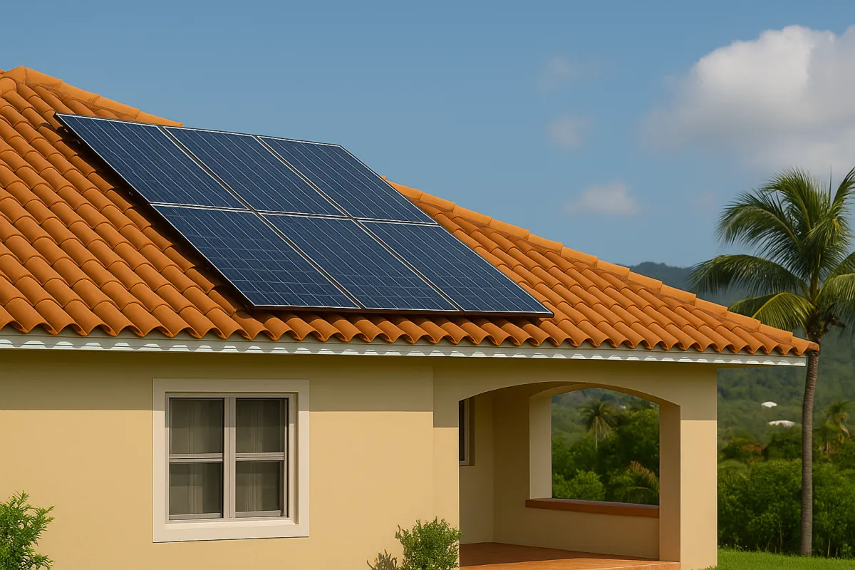 Casa residencial en Puerto Rico con sistema de paneles solares en el techo, rodeada de palmas y montañas al fondo bajo un cielo soleado.
