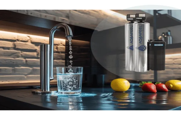 Agua cristalina vertiéndose en un vaso, resaltando la pureza y seguridad del filtrado."