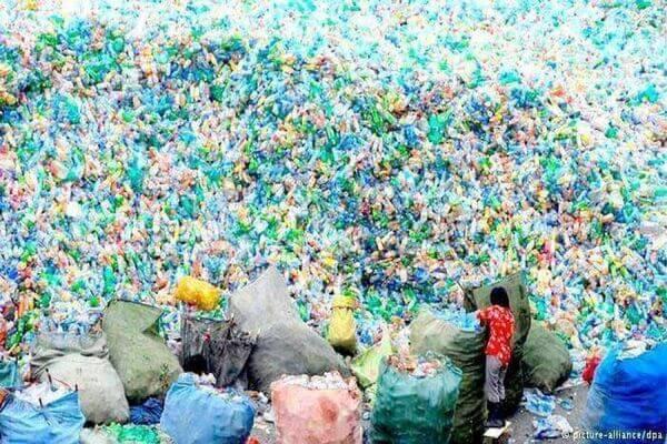 Miles de botellas plásticas desechadas acumuladas en un vertedero, reflejando la crisis ambiental causada por el consumo excesivo de agua embotellada.