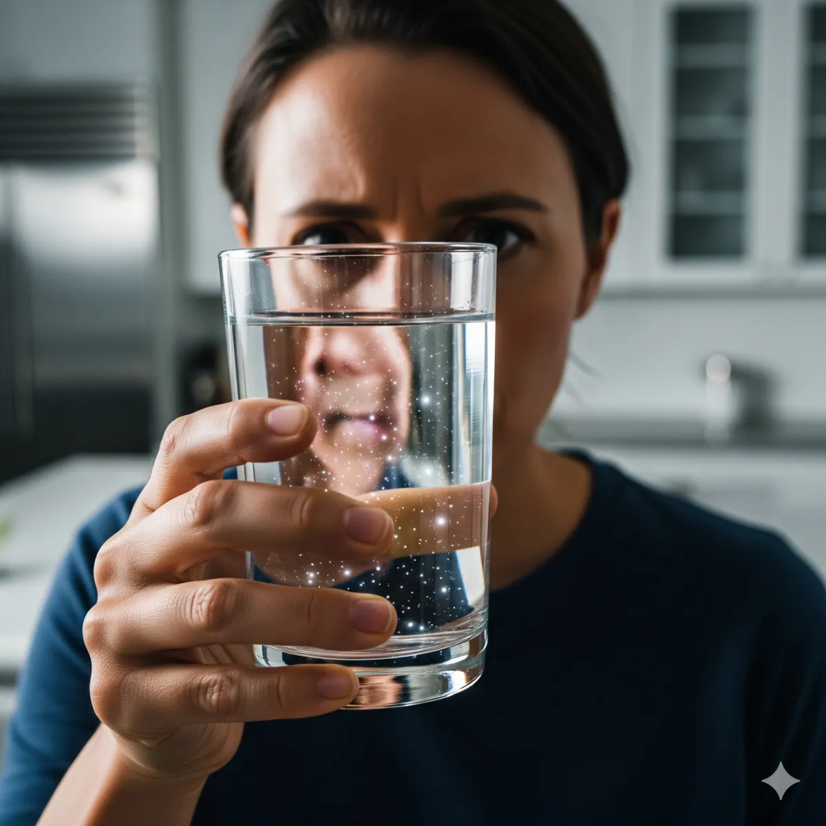 Una persona sosteniendo un vaso de agua aparentemente limpia con partículas invisibles que brillan débilmente, representando la amenaza oculta de los PFAS en el agua potable.