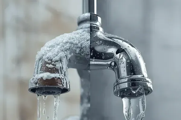 Comparativa visual de un grifo limpio gracias a un ablandador de agua frente a un grifo cubierto de sarro por el agua dura en New Jersey.