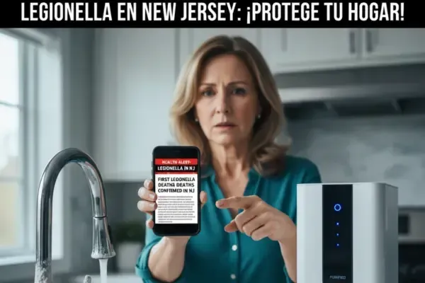 Especialista de Aquafeel Solutions analizando la calidad del agua en un hogar de New Jersey para prevenir la bacteria Legionella ante alertas sanitarias.