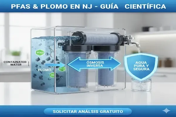 Diagrama educativo de filtración molecular de PFAS y Plomo mediante ósmosis inversa en New Jersey.