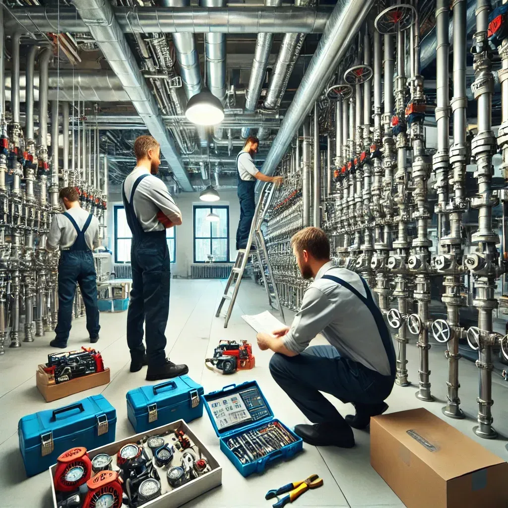 A plumbing team working on a commercial project in a well-lit mechanical room.
