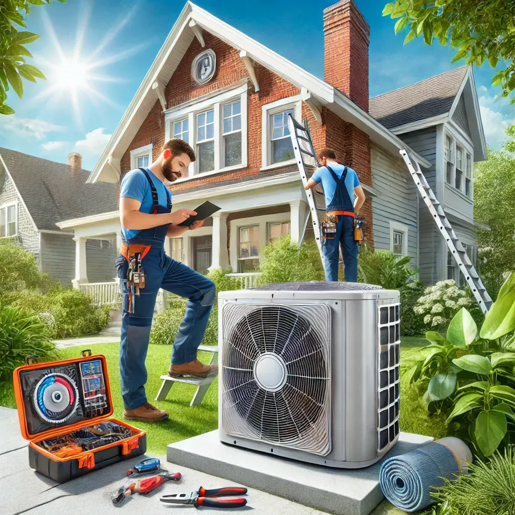 Professional HVAC technicians installing a modern air conditioning unit outside a typical Milwaukee-style brick home, surrounded by lush greenery and a sunny summer sky. Tools and equipment are neatly arranged, highlighting a clean and efficient installation process.
