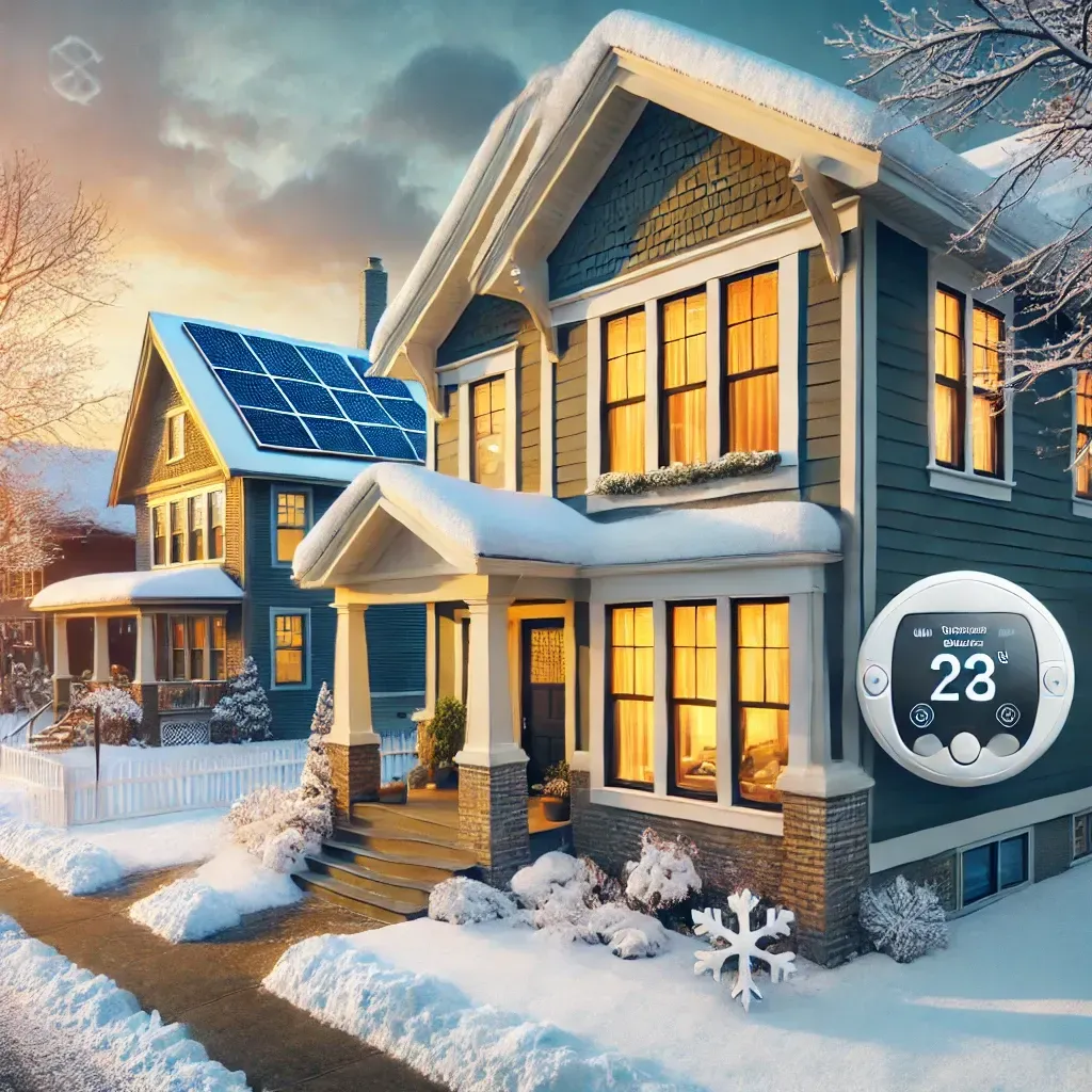 A snowy Milwaukee neighborhood with homes showcasing energy-saving features like double-pane windows, solar panels, and insulated curtains, emphasizing warmth and eco-friendliness.