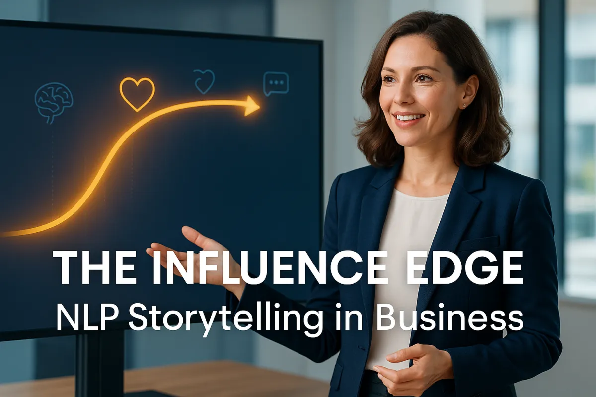 Business coach presenting NLP storytelling techniques with a visual story arc showing brain, heart, and communication icons—'The Influence Edge' blog image.