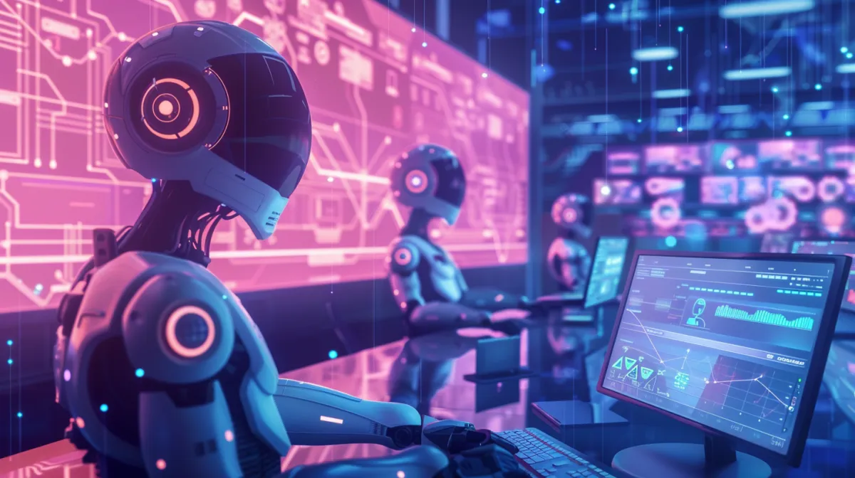 A modern, professional illustration showing AI agents working (perhaps robotic/digital figures at computers or dashboards)