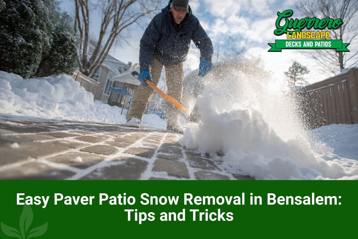 Homeowner doing Paver Patio Snow Removal in Bensalem, PA with a paver-safe shovel