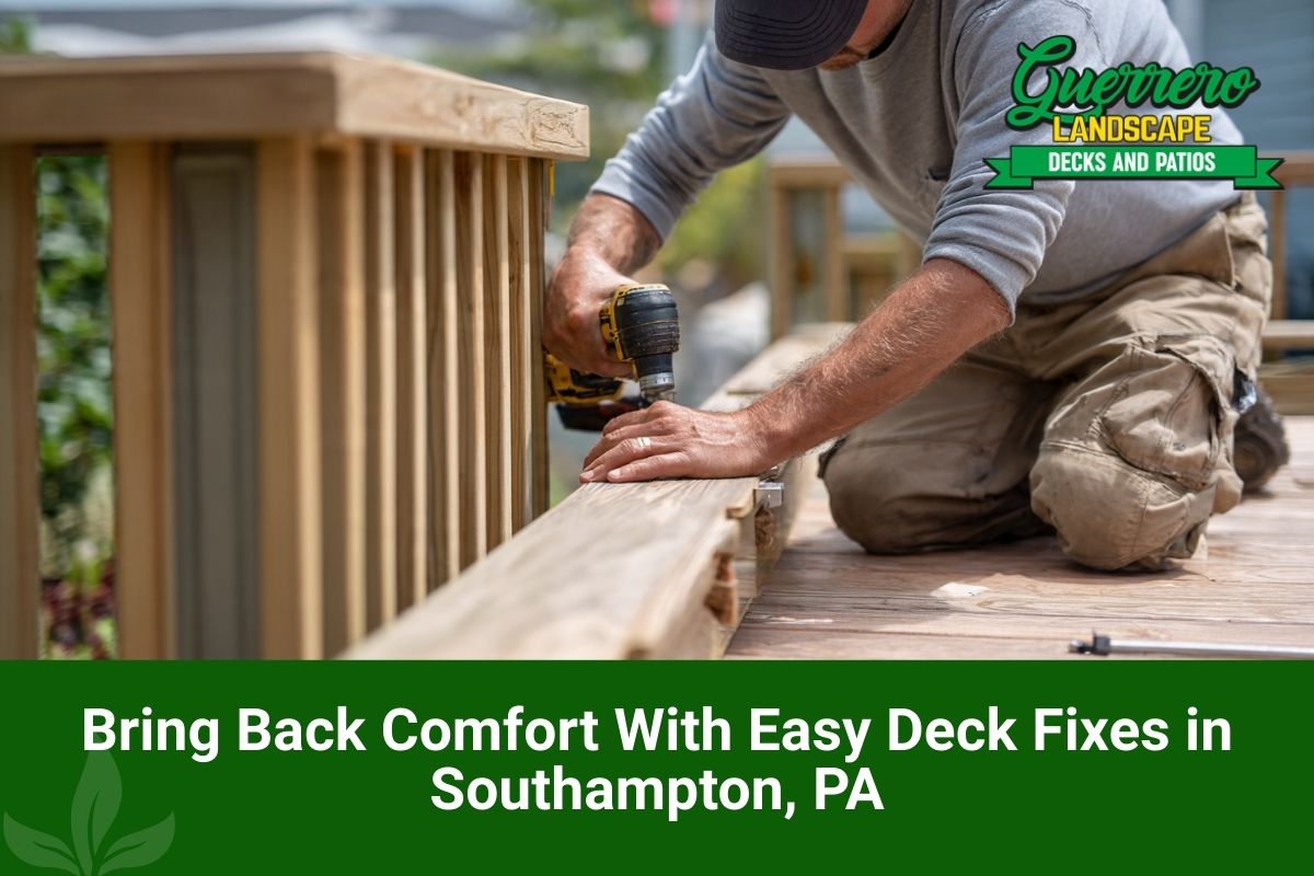 Deck Repair in Southampton, PA showing a contractor tightening loose railings on an outdoor deck