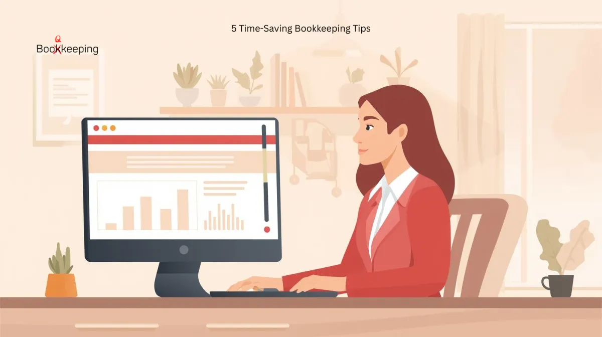 A businesswoman sitting at her office desk reading a bookkeeping blog article 5-Time Saving Bookkeeping Tips