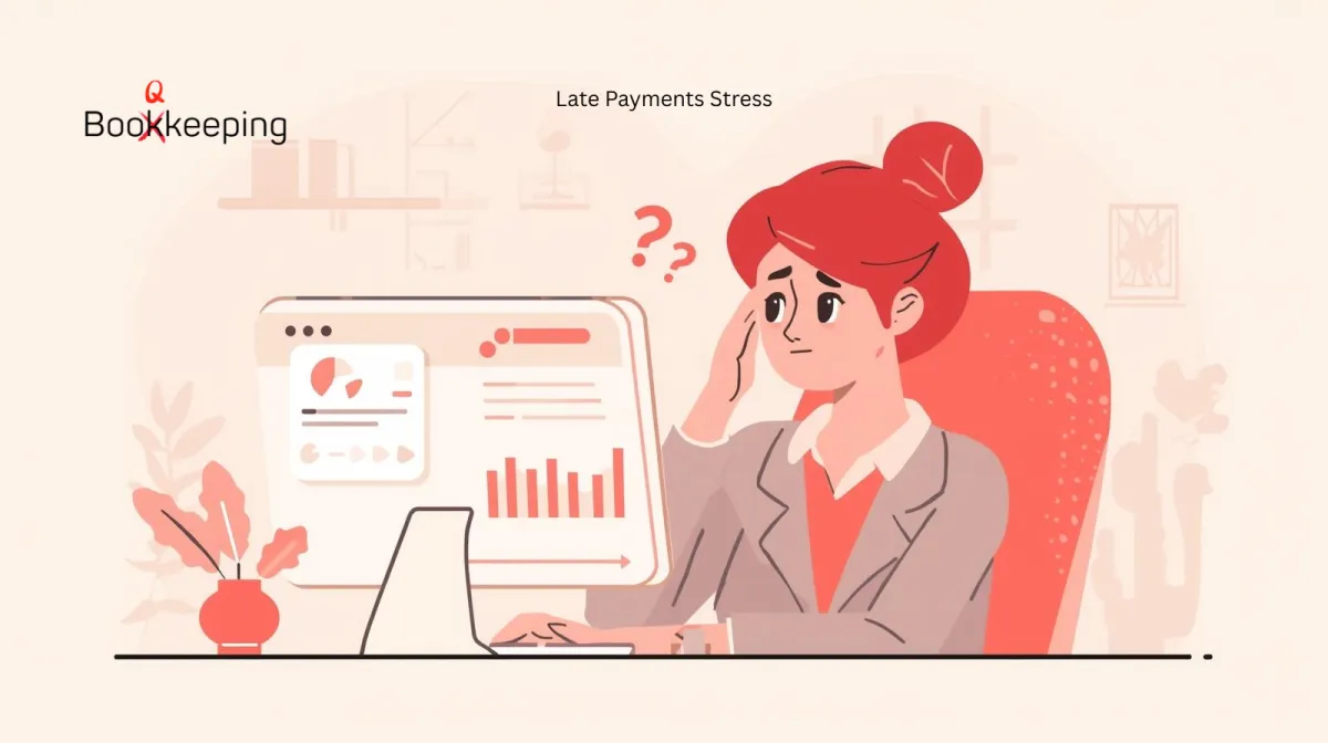 A businesswoman sitting at her office desk reviewing a financial dashboard on her computer, showing concern about late payments affecting business cash flow