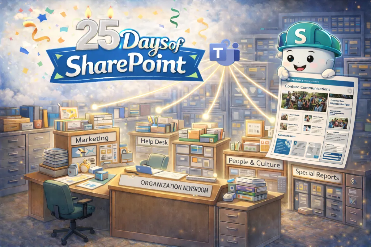Illustration of SharePoint as an editor leading a busy newsroom team collaborating on documents and publishing content under the 25 Days of SharePoint banner.