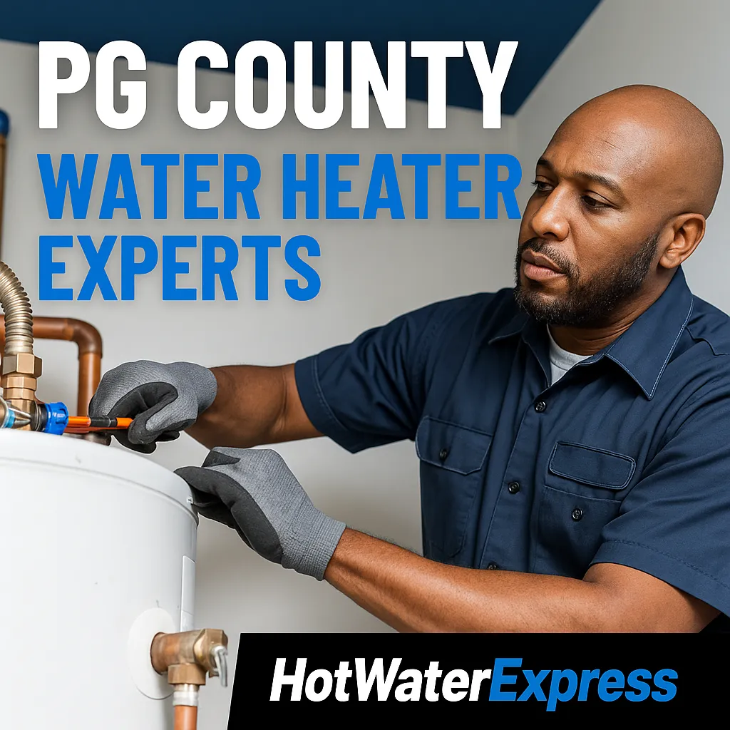 African American technician repairing a water heater in a Prince George’s County, MD home — HotWaterExpress.com trusted experts since 1986.