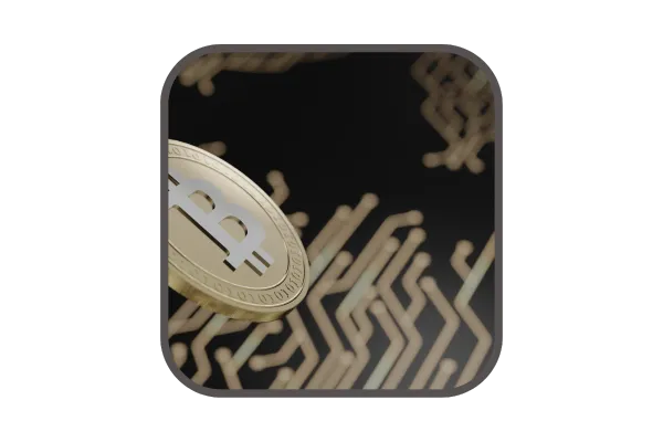 Bitcoin with digital chip card behind it to represent crypto mining.