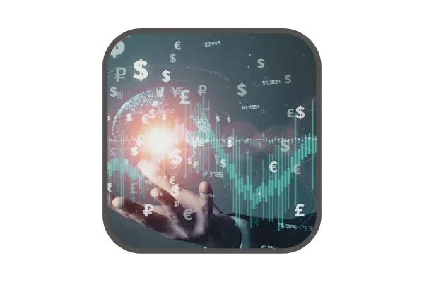 Palm of hand facing up with various translucent overlays of a globe, trading graphs and various currencies