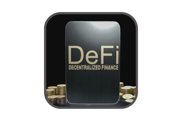 Mobile phone screen with Defi Decentralized Finance written in gold block letters with black background. Stacks of gold coins in background.