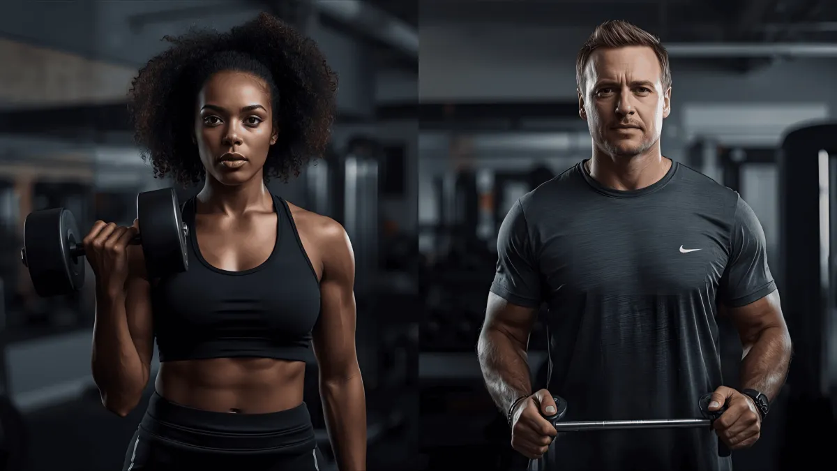 Side by side gym portraits of a fit woman lifting a dumbbell and a fit man holding a bar, both demonstrating strength training in a weight room setting.
