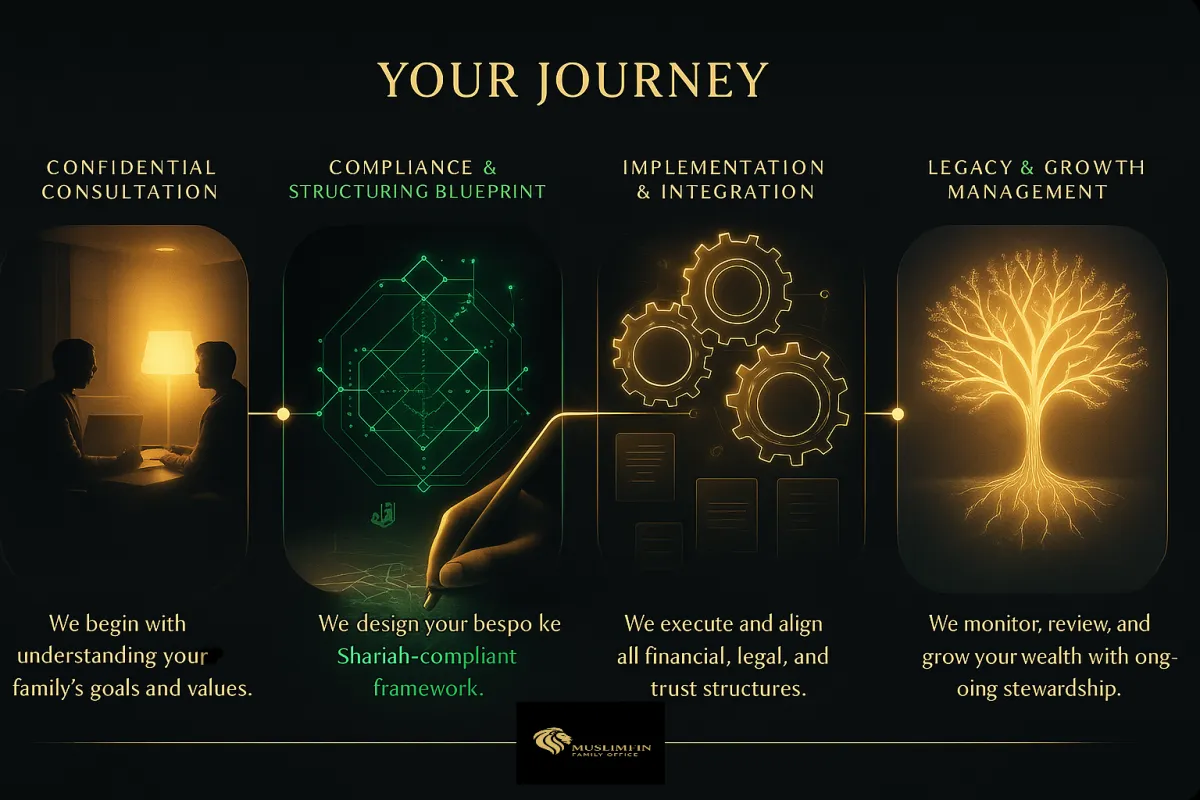 Elegant timeline infographic showing MuslimFin Family Office’s four-step client journey: Confidential Consultation, Compliance & Structuring Blueprint, Implementation & Integration, and Legacy & Growth Management. Luxurious design in gold, ivory, charcoal, and emerald with realistic illustrations of meetings, blueprints, gears, and a glowing tree.