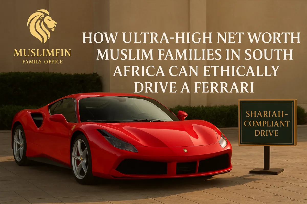 Golden Lion logo embedded with a image of a Ferrari for UHNW Muslim Families in South Africa