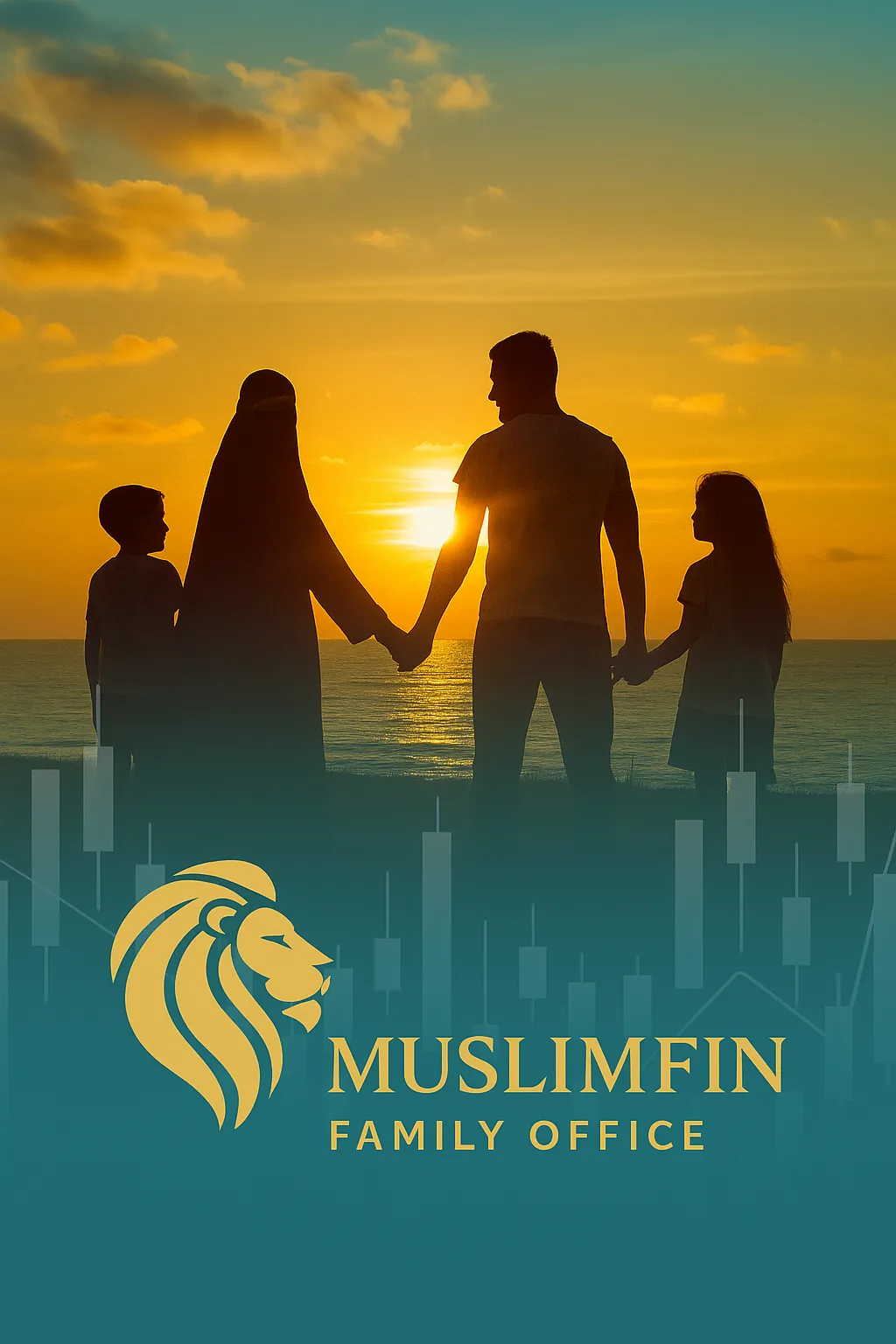 A Muslim family silhouette holding hands at sunset beside the ocean, overlaid with subtle financial charts and the MuslimFin Family Office gold lion logo — symbolising harmony between faith, family, and ethical wealth management in South Africa.