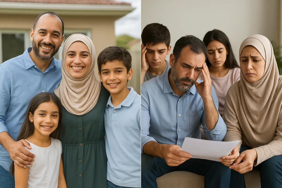 Split-screen image showing two Muslim families — one smiling and united after proper estate planning, the other distressed and worried while reviewing documents due to lack of planning
