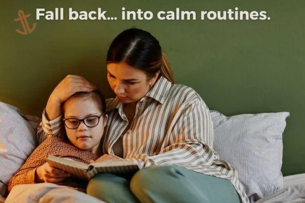 Mom reading a bedtime story with her daughter in bed under warm light. Calm evening setting, gentle connection, and cozy family bedtime routine.