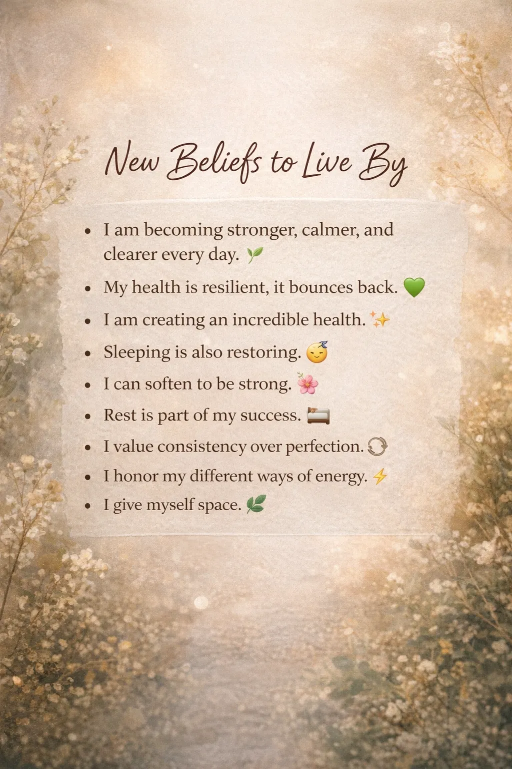 Affirmations for perimenopause showing new beliefs about strength, calm, resilience, rest, and honoring energy, on a soft golden background designed to inspire healing and emotional balance