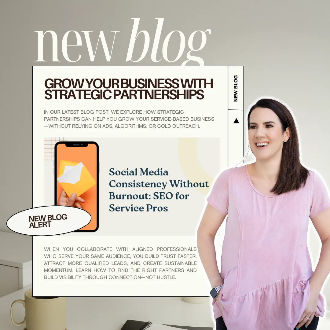 Cover image promoting blog post titled ‘How Strategic Partnerships Can Help You Grow Your Business.’ Feminine, collaborative design with text overlay about sustainable business growth.