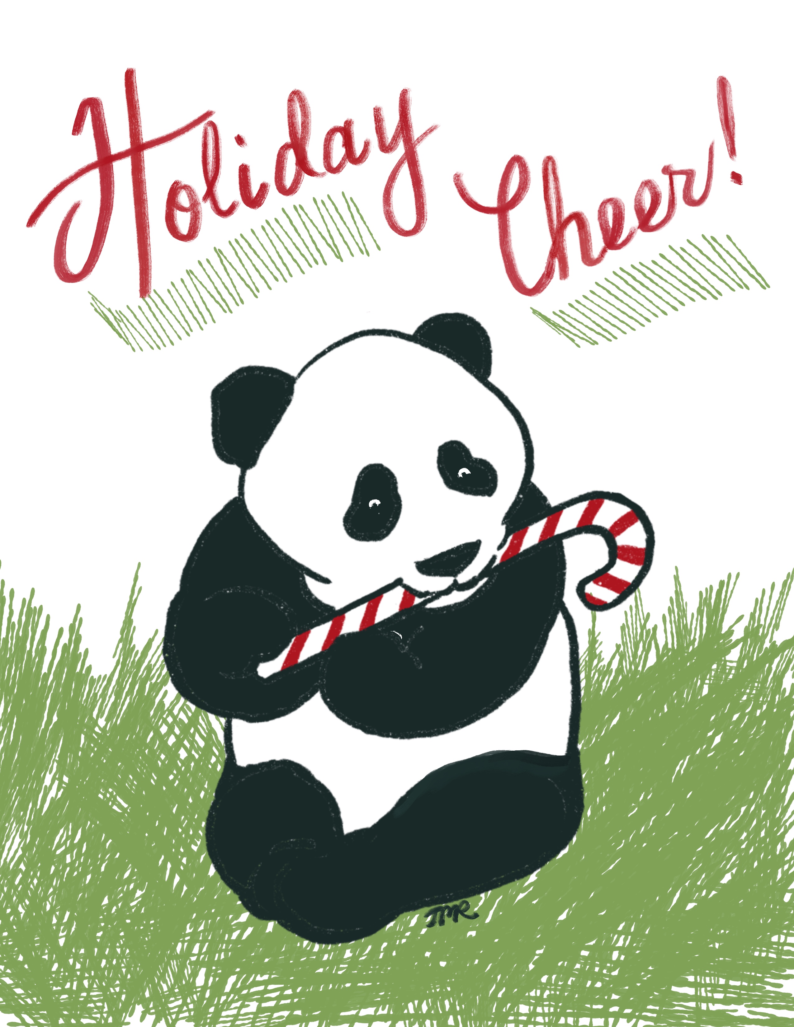 A panda is chewing on a candy cane with the message holiday cheer above