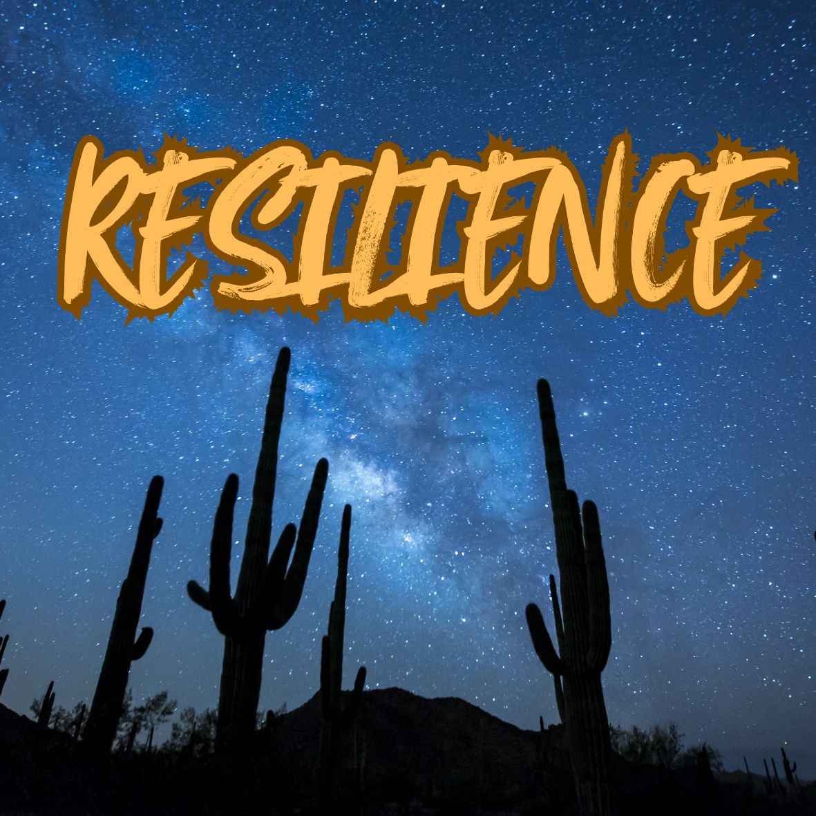 The word resilience is in yellow against a starry background set somewhere in a southwestern dessert with cacti.