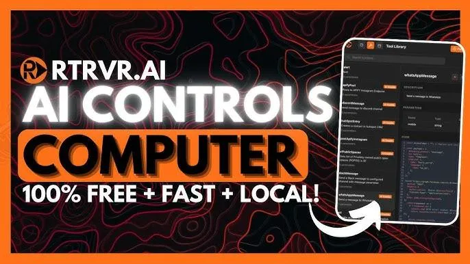 Captura promocional de RTRVR.AI mostrando cómo la inteligencia artificial controla tu computadora de forma local, gratuita y rápida con interfaz visual de automatización personalizada.