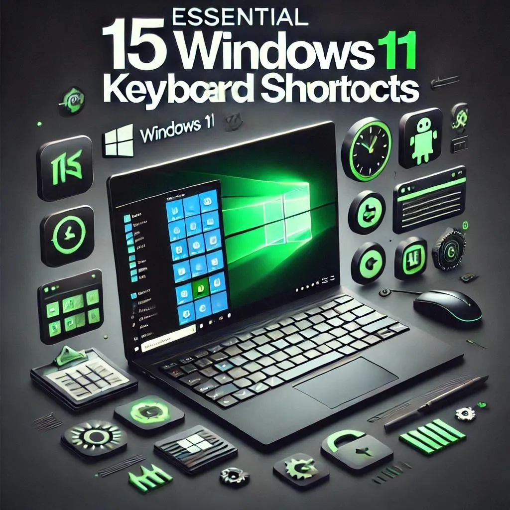 A sleek and modern design featuring a laptop with a Windows 11 interface on the screen, set against a dark grey background with icons
