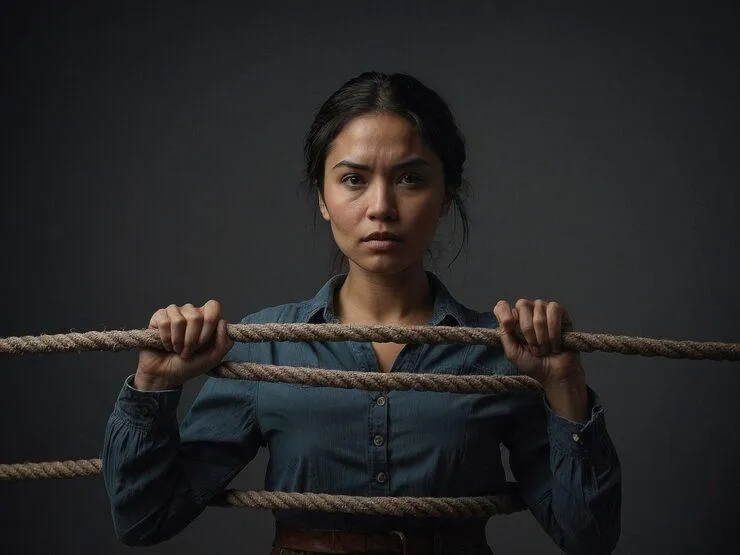a girl grasping the rope that is tied around her body