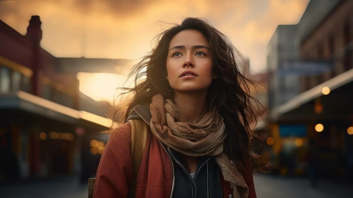a female wearing scarf looking ahead thinking she should be further along in life